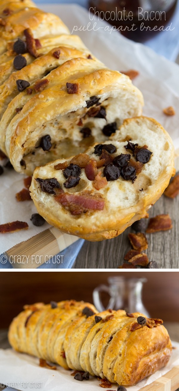 This Chocolate Bacon Pull-Apart Bread is super easy to make - no yeast! The perfect salty and sweet dessert or breakfast!
