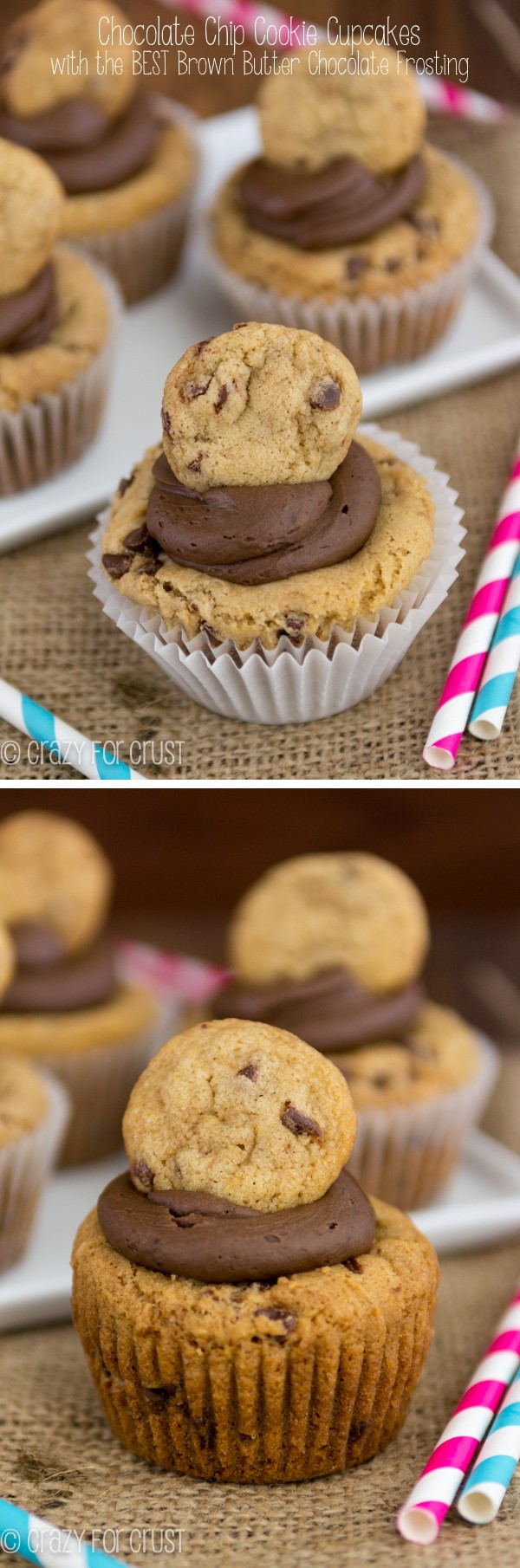 Chocolate Chip Cookie Cupcakes and the BEST chocolate frosting ever! Plus a tutorial on how to brown butter!