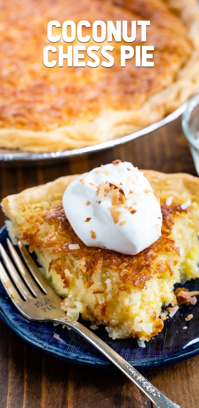 coconut chess pie on blue plate