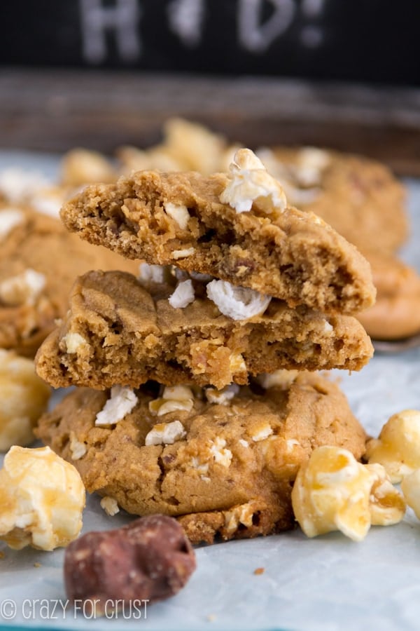 Stack of Moose Munch Peanut Butter Cookies with ingredients around the cookies