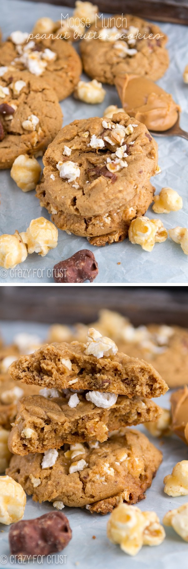 2 photo collage of Moose Munch Peanut Butter Cookies with recipe title on top