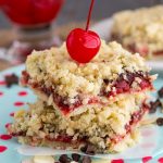 Almonds and Chocolate Chips with cherry on top and sitting on teal and red polka dot towel