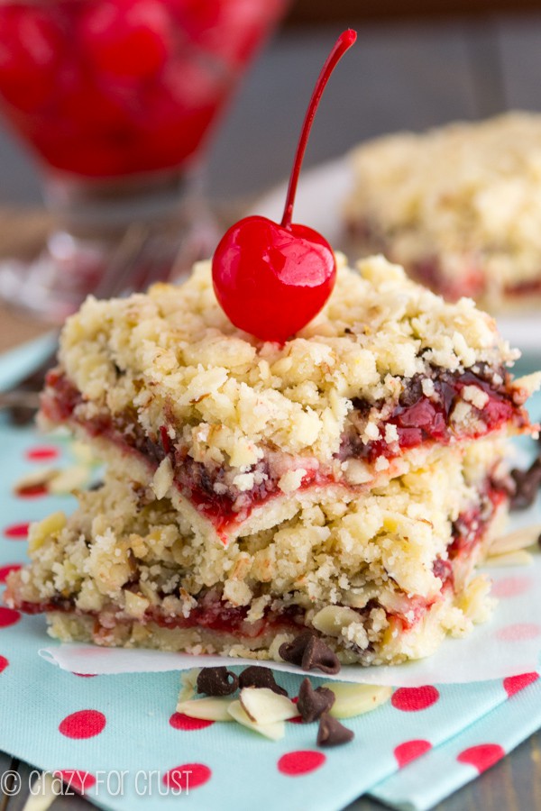 Almonds and Chocolate Chips with cherry on top sitting on teal and red polka dot towel