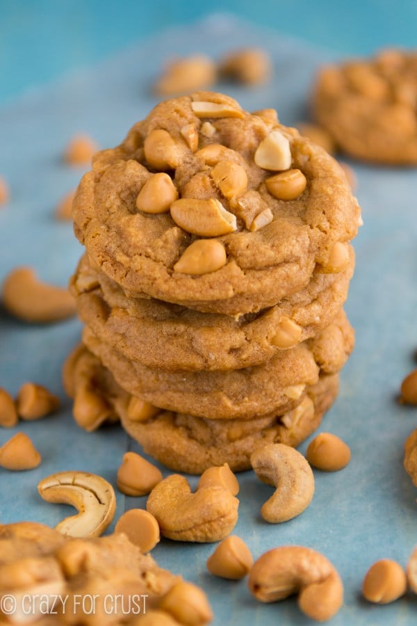  Butterscotch Pudding Cookies stacked on a blue towel with cashews all around the cookies 