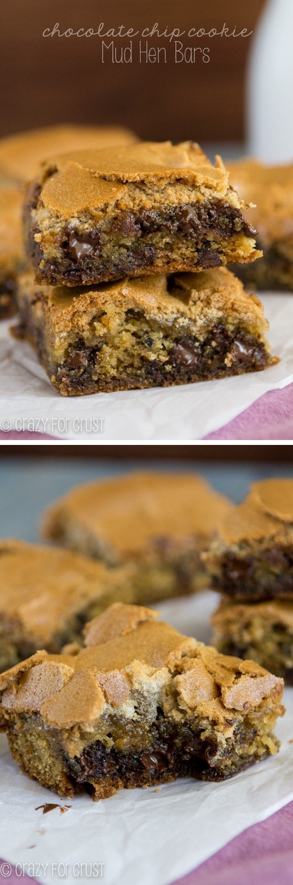 Chocolate Chip Cookie Mud Hen Bars - melty chocolate chip cookie topped with a brown sugar meringue collage