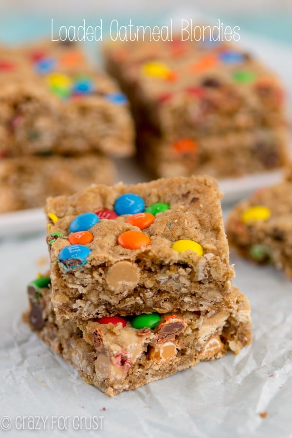 2 Loaded Oatmeal Blondies recipe stacked on top of each other