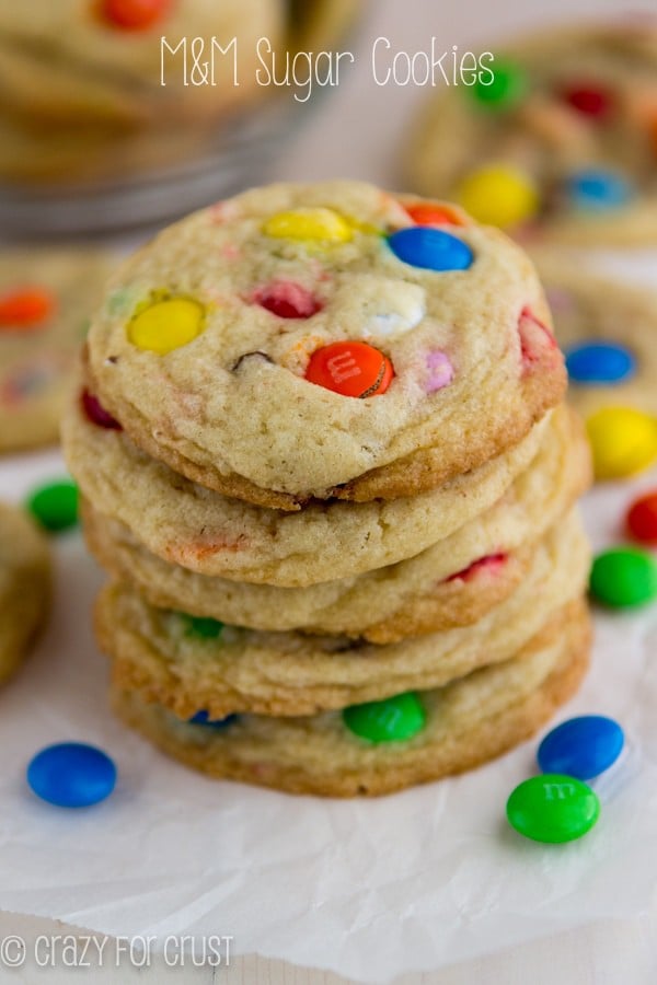 M and M sugar cookies stacked