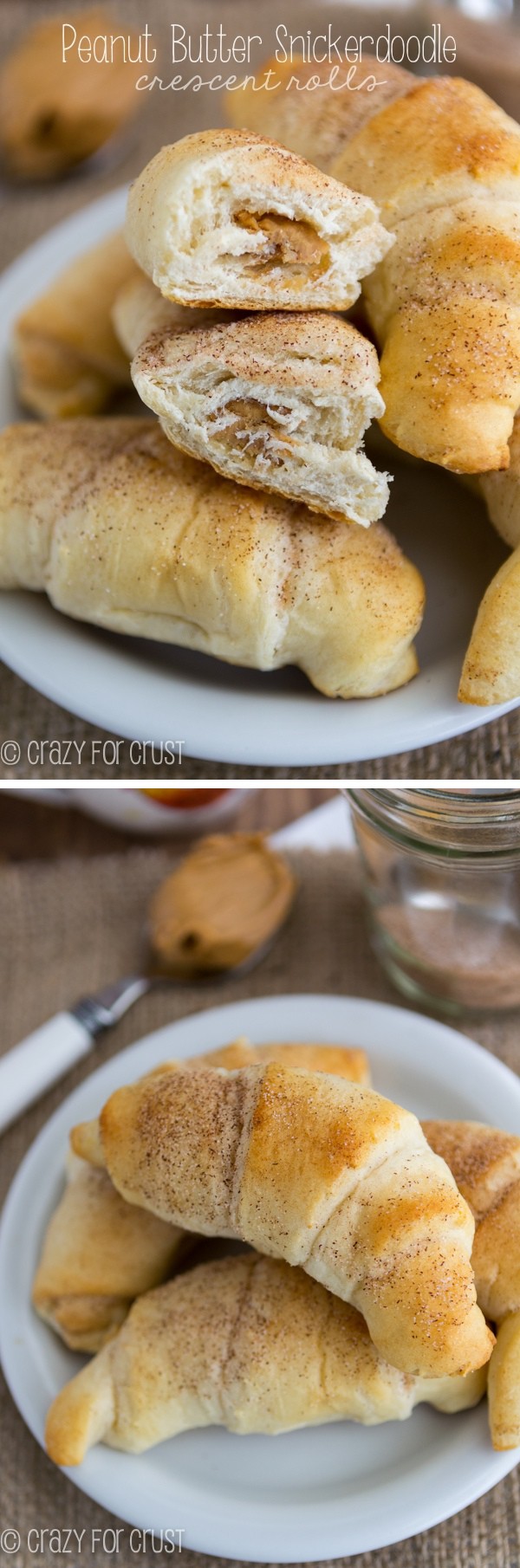 Peanut Butter Snickerdoodle Crescent Rolls sitting on a white plate collage