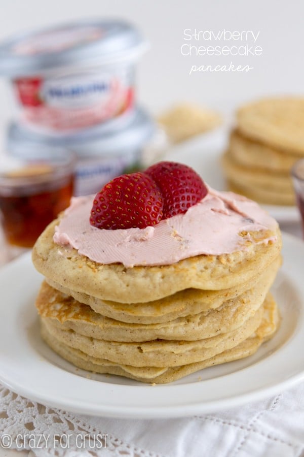 Strawberry Cheesecake Pancakes on a white plate 