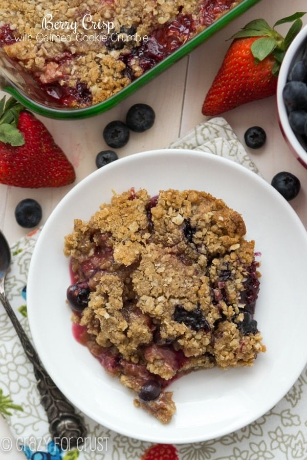 berry crisp over head on white plate 
