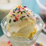 DIY Homemade Birthday Cake Magic Shell on vanilla ice cream In a ice cream bowl