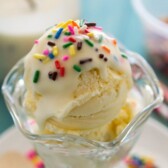 DIY Homemade Birthday Cake Magic Shell on vanilla ice cream In a ice cream bowl