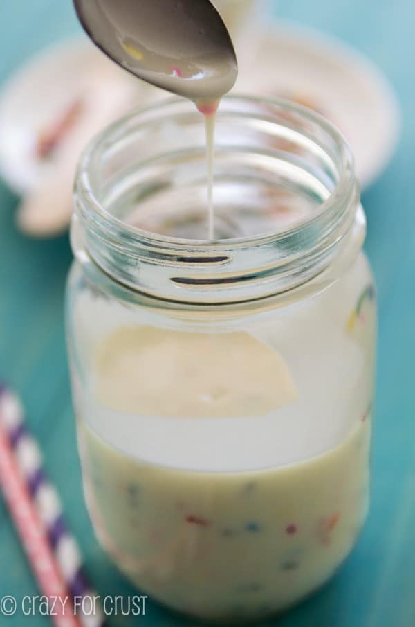 DIY Homemade Birthday Cake Magic Shell in a clear mason jar 