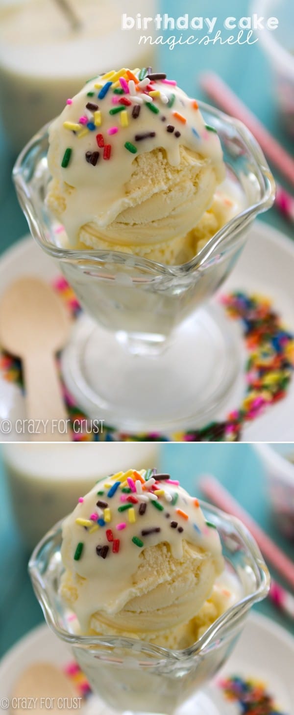 DIY Homemade Birthday Cake Magic Shell on vanilla ice cream collage