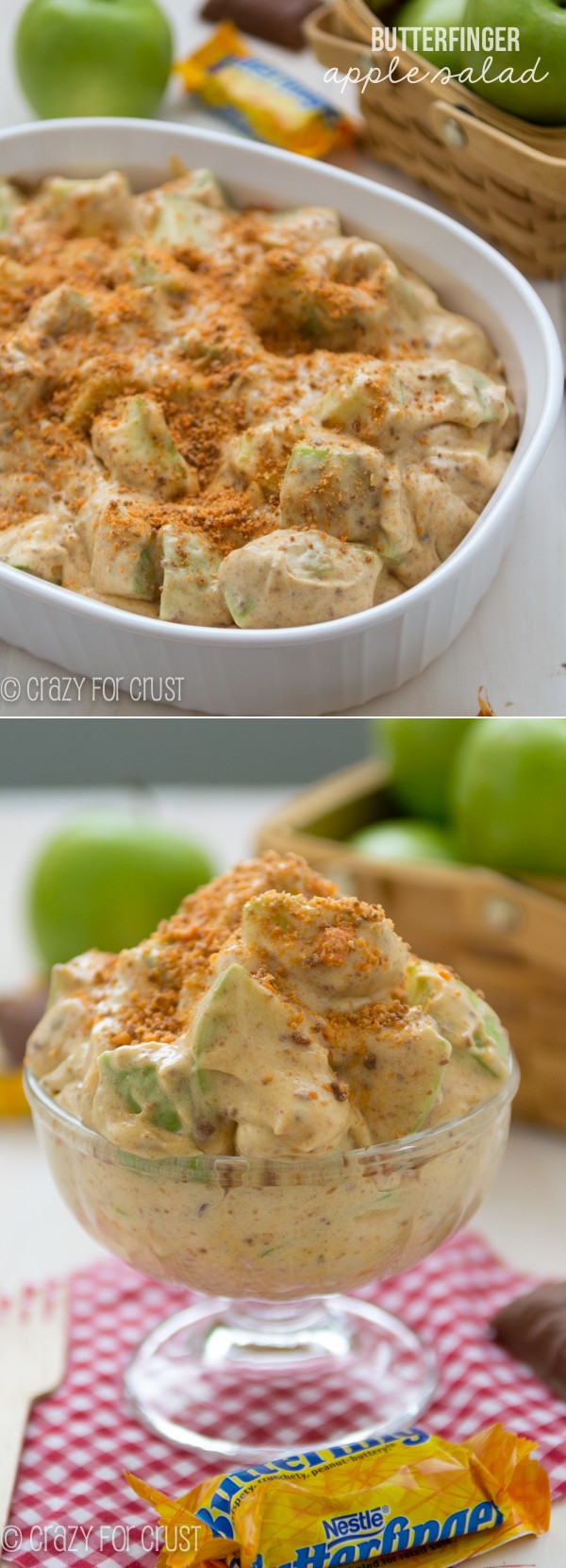collage of Butterfinger Apple Salad in white tray and in clear ice cream bowl