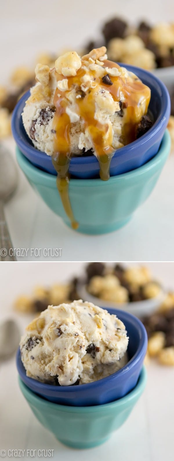 Caramel Corn Ice Cream in green and blue bowl collage 