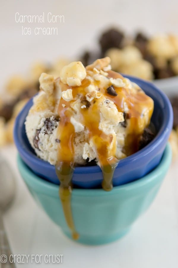 Caramel Corn Ice Cream in blue and green bowls with Carmel drizzle 