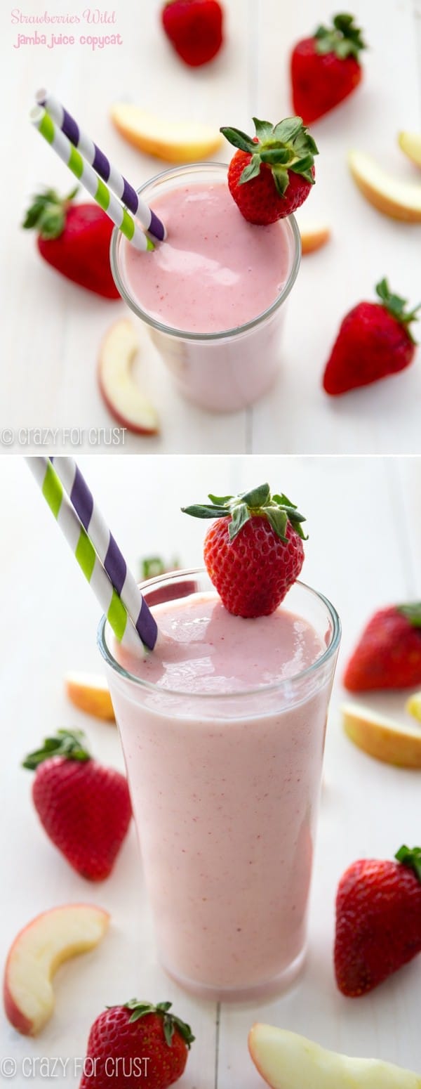A collage of Jamba Juice Copycat Strawberries Wild with fruit all around the glasses 