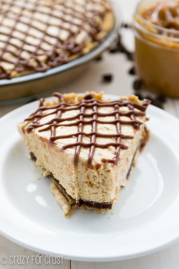 No bake dulce de leche slice of pie on a white plate.