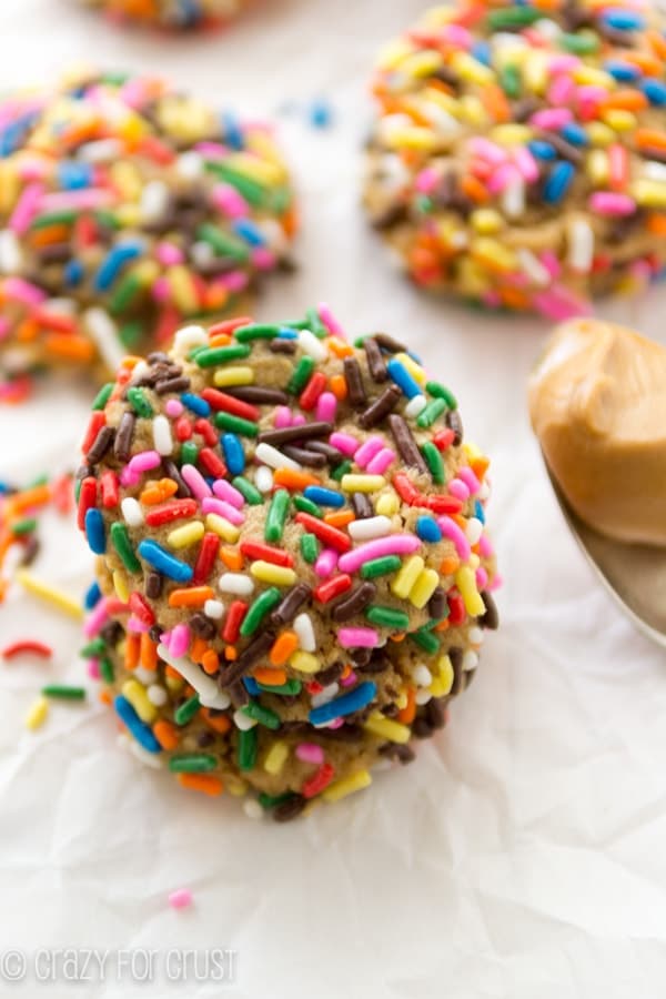 Peanut Butter Sprinkle Cookies with rainbow colored sprinkles 