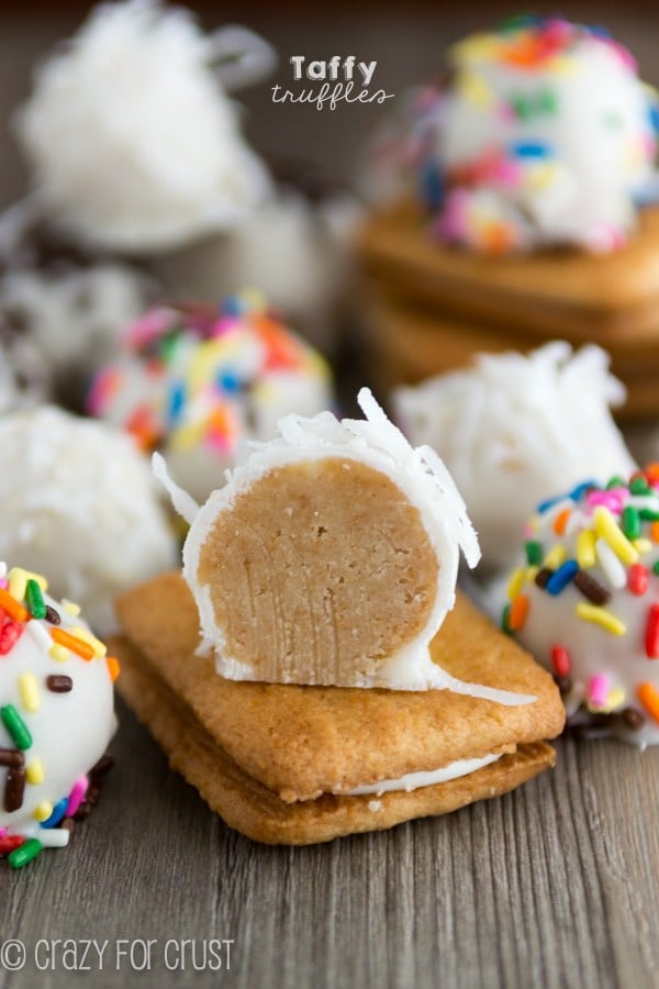 half a truffle made from taffy cookies surrounded by other truffles