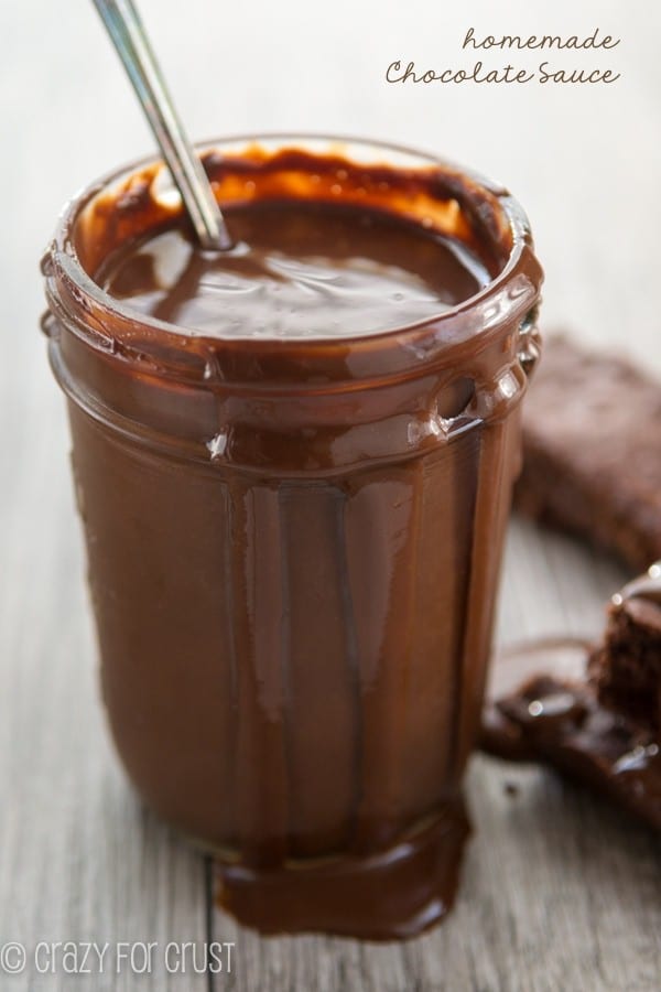 chocolate sauce in clear jar 