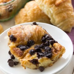 Baked Chocolate Croissant French Toast on a white plate