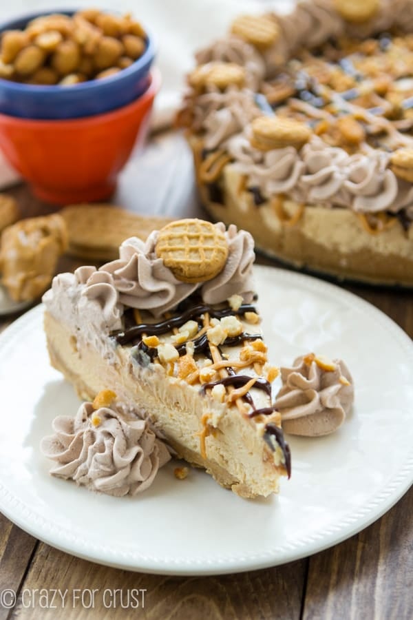 a slice of No-Bake Frozen Peanut Butter Cheesecake on a white plate