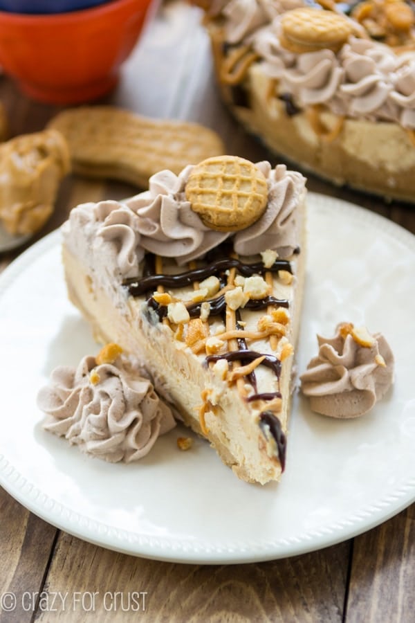 A slice of No-Bake Frozen Peanut Butter Cheesecake on a white plate 
