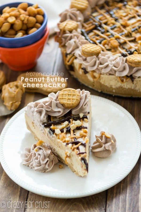 A slice of No-Bake Frozen Peanut Butter Cheesecake on a white plate 