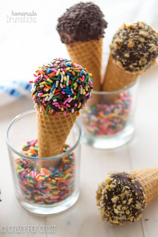 Homemade Drumsticks in a glass of sprinkles 
