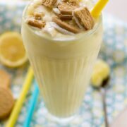 Lemon Pie Milkshake in a ice cream glass with a straw