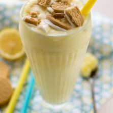 Lemon Pie Milkshake in a ice cream glass with a straw