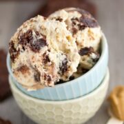 Easy Peanut Butter Brownie Ice Cream in a blue bowl