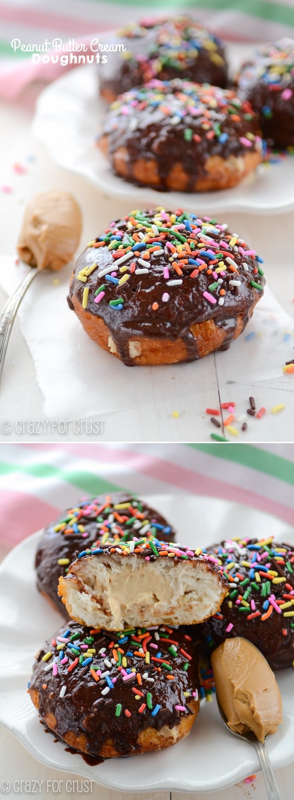 Peanut Butter Cream Doughnuts - easy fried doughnuts filled with peanut butter and topped with chocolate glaze!