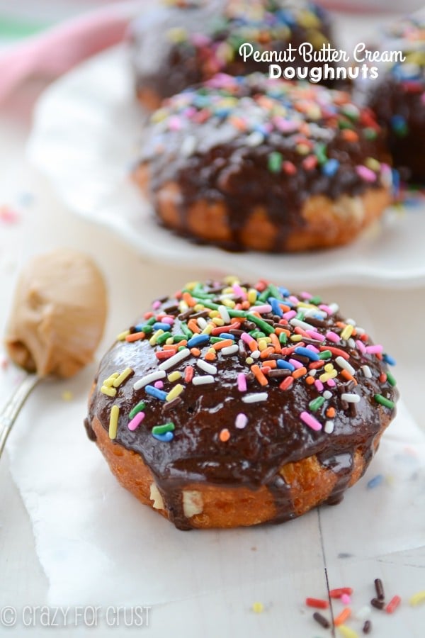 fried doughnut with chocolate frosting and sprinkles on white plate