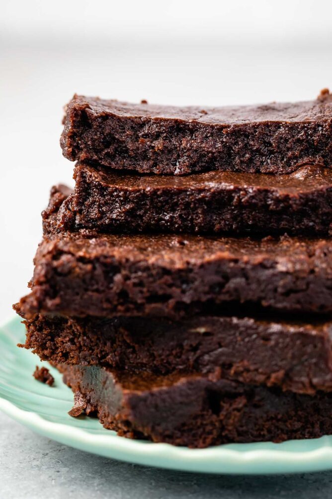 homemade brownies from brownie mix in a stack of 4