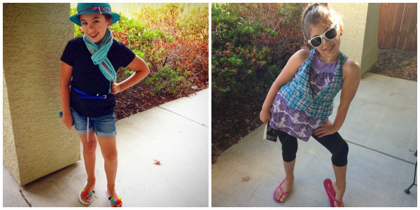 two pictures of a girl wearing colorful clothes 