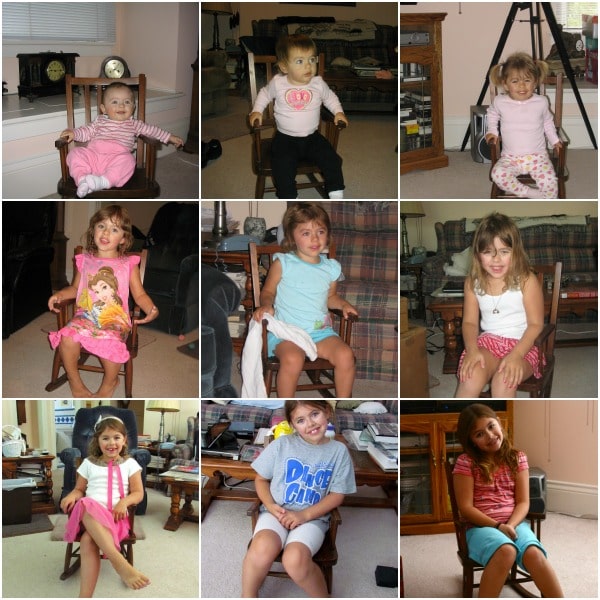 collage of Jordan in the rocking chair from ages 6months to 8 years old