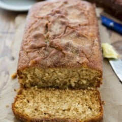 amish friendship bread with cinnamon sugar and slice missing