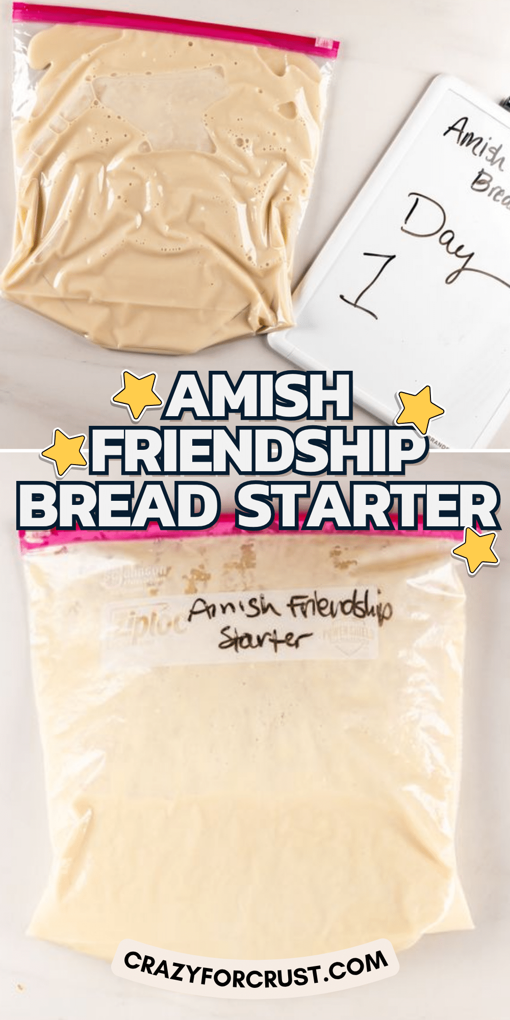 Two photos highlight the Amish Friendship Bread tradition: one features a plastic bag filled with creamy liquid labeled Amish Friendship Bread Starter on day 1, complete with a whiteboard marked “Day 1.” The second photo shows the starter on a later day, capturing the gradual transformation of this beloved baking project.
