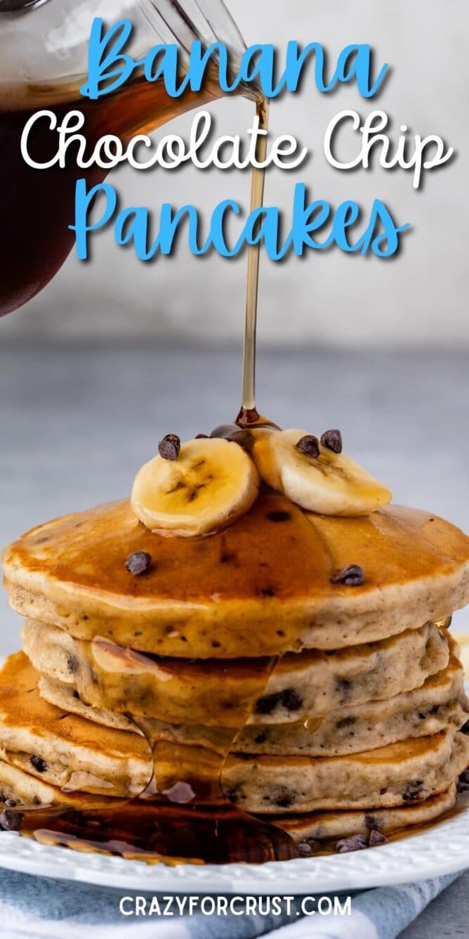 stack of pancakes with pouring syrup