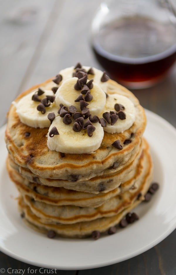 Banana Chocolate Chip Pancakes - fluffy and sweet and filled with banana and chocolate!