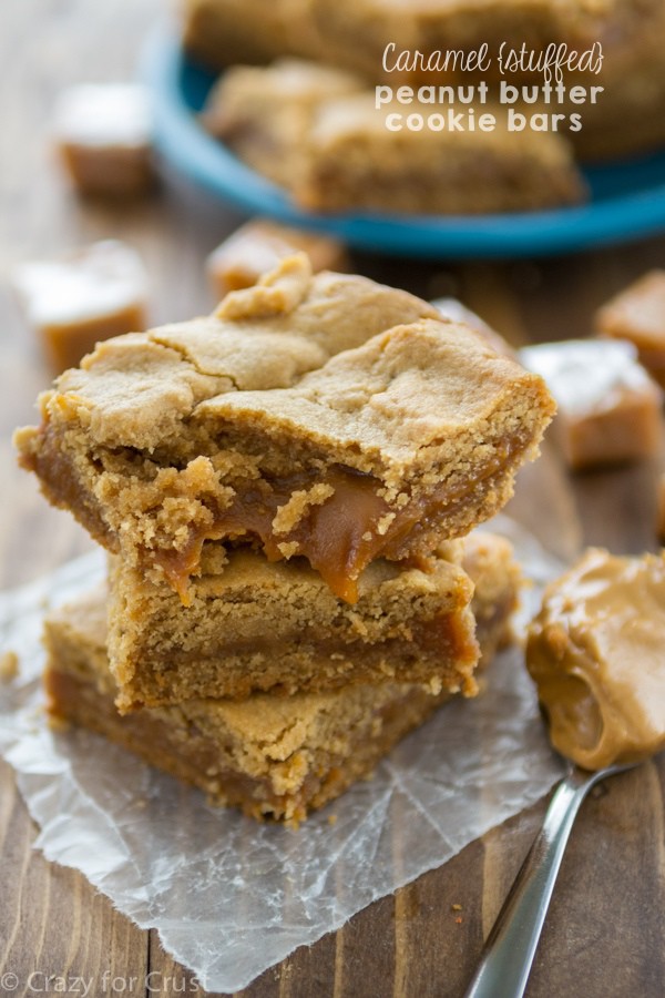 Stack of Caramel Stuffed peanut butter cookie bar