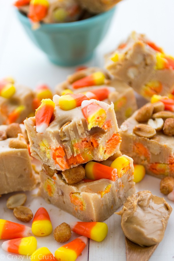 stack of peanut butter fudge with candy corn