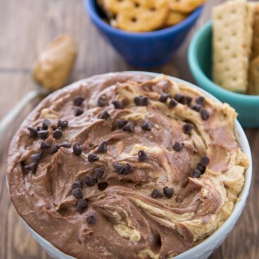chocolate and peanut butter dip in white bowl