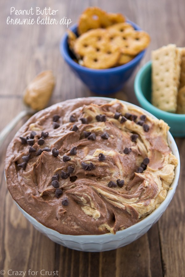 chocolate and peanut butter dip in white bowl