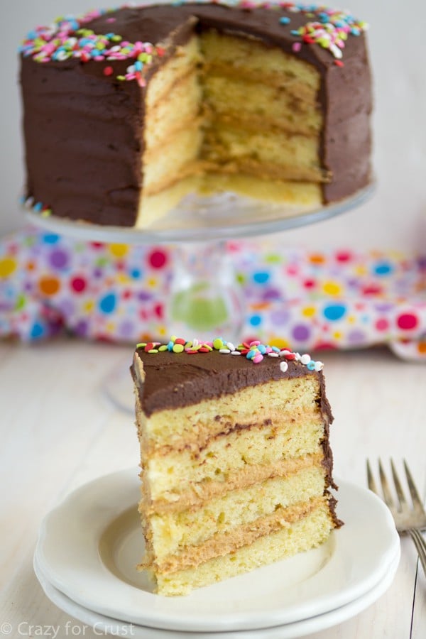 This is the Perfect Yellow Layer Cake with Chocolate Frosting and peanut butter filling!