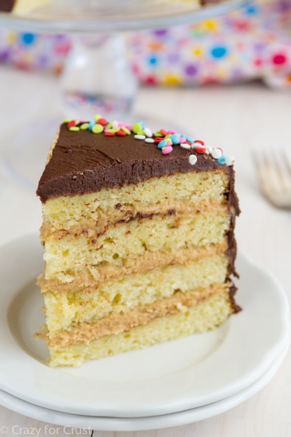 This is the Perfect Yellow Layer Cake with Chocolate Frosting and peanut butter filling!