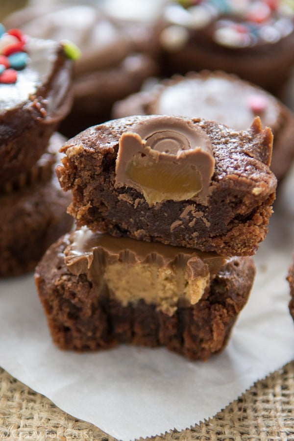 brownie bites with Rolos and peanut butter cups